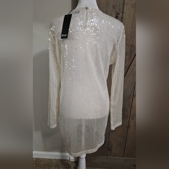 NASTY GAL Sheer Sequin Detail Long Sleeve Mini Shift Dress Off White.Size 4 NWT - Picture 11 of 15